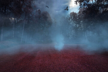 A photomanipulation from a dark misty landscape in the forest with purple leafy ground.  