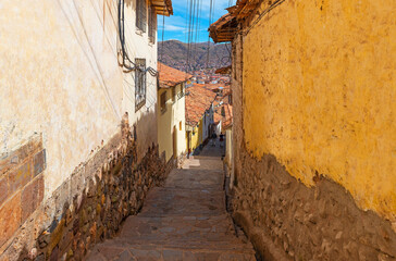 Cusco city street with colonial style architecture, San Blas, Peru.