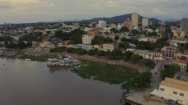 Corumba, Brazil on the banks of the Rio Paraguay at sunset - aerial view