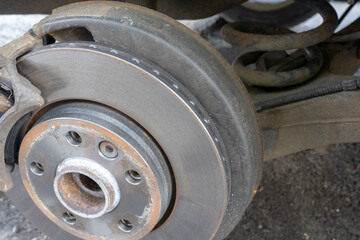Closeup detail of the wheel assembly on a modern automobile.
