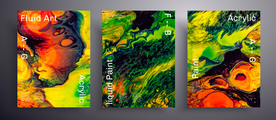 Abstract liquid poster, fluid art vector texture pack. Trendy background that applicable for design cover, invitation, flyer and etc. Orange, green, yellow and black unusual creative surface template.
