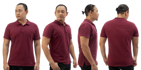 Blank collared shirt mock up template, front and back view, Asian male model wearing plain maroon red t-shirt isolated on white. Polo tee design mockup presentation