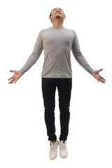 Asian man wearing grey shirt black denim and white shoes, jump flying levitation, happy expression....