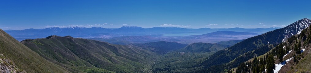 Fototapeta premium Lowe Peak views of Oquirrh range toward the Salt Lake Valley by Rio Tinto Bingham Copper Mine, in spring. Utah. United States.