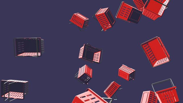 Red plastic shopping baskets on dull-blue background.
Toon style abstract animation for background.
Loop able.
