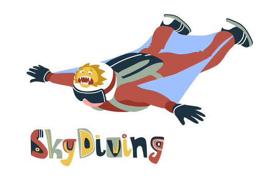 brave soaring skydiver with a funny cowardly lion on the helmet, extreme sport, wingsuit or parachuting, color vector illustration in cartoon and flat design