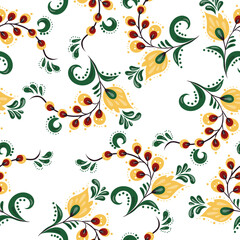 Vector illustration seamless pattern - garden flowers and plant leaves on white isolated background. Vector illustration