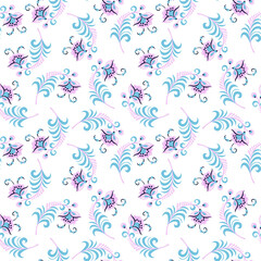Vector illustration seamless pattern - garden flowers and plant leaves on white isolated background. Vector illustration