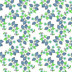 Vector illustration seamless pattern - garden flowers and plant leaves on white isolated background. Vector illustration