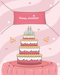 happy birthday with,hat, birthday cake in the table,candle,poster, flat design