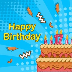 happy birthday greeting card with birthday cake,candle comic style background flat design
