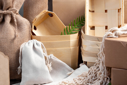 Various Eco friendly packaging made from natural recyclable materials. Environmental protection and waste reduction concept
