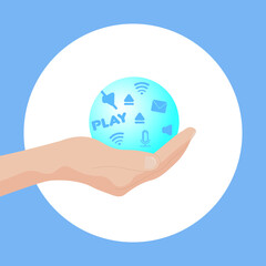 Hand holds glass ball with internet symbols
