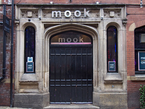leeds, west yorkshire - 19 June 2021: entrance to the mook cocktail bar in leeds, west yorkshire