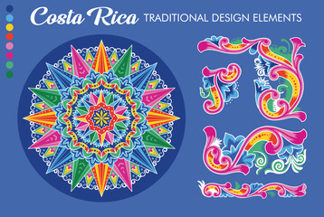 Costa Rican Ox Cart Wheel design and ornaments. Blue version. Traditional painting. Vectors (EPS)	