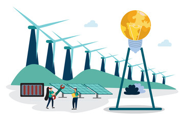 Flat illustration of people helping to take care of wind and solar power generation, a modern innovation that helps make the world cleaner.