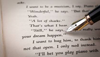 pointing good words with the nib of fountain pen in an old book. your dream happen.
