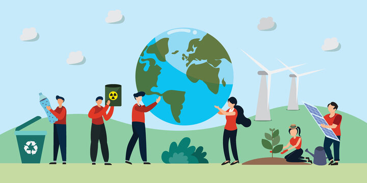flat illustration, people are cleaning the earth's waste for a better environment and planting trees Use wind turbines and nuclear power to generate electricity.