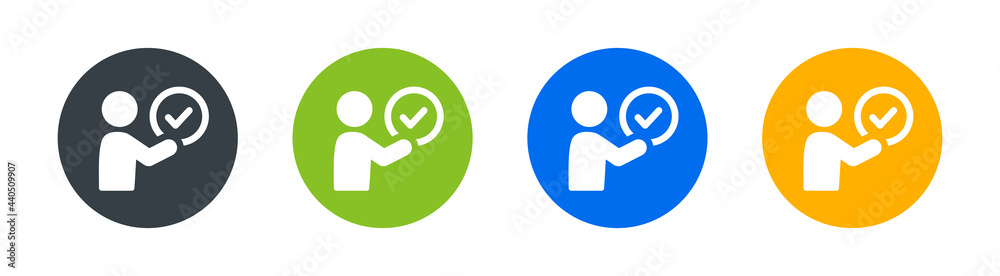 Poster Approval button icon. Check mark with person icon in round sign.