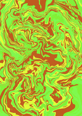 Liquid art texture. Abstract background with swirling paint effect. Painting with liquid acrylic that pours and splashes. Mixed paints for an interior poster. green, orange iridescent colors. A 4.