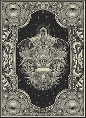illustration dragon head with antique engraving ornament