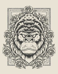 illustration vintage gorilla head with rose flower