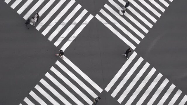 Busy Crossing With Walking Pepole In Tokyo Japan Overhead View 2021