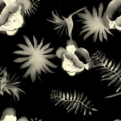 Fototapeta na wymiar Gray Tropical Illustration. White Seamless Leaves. Black Pattern Illustration. Flower Palm. Spring Hibiscus. Garden Leaf. Wallpaper Design. Decoration Exotic.