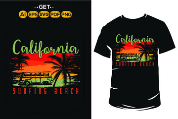 California Summer time stylish typography t-shirt and apparel trendy design with palm trees silhouettes, sunset, colorful, print, vector illustration. Beach t shirt with grunge texture.