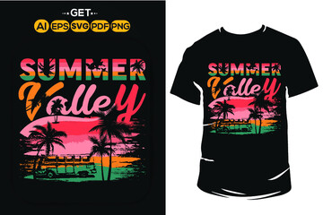Summer valley stylish typography t-shirt and apparel trendy design with palm trees silhouettes, sunset, colorful, print, vector illustration. Beach t shirt with grunge texture.