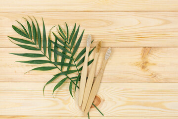 Natural toothbrushes with bamboo leaves on wooden table. Top view, flat lay. Sustainable lifestyle, Zero waste concept.