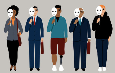 Diverse job applicants hiding behind neutral masks representing reducing bias in hiring process, EPS 8 vector illustration - obrazy, fototapety, plakaty
