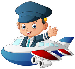 Illustration of pilot flying an airplane on white background © dreamblack46