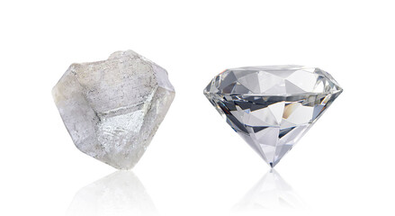 Dazzling diamond before and after uncut on white background - obrazy, fototapety, plakaty