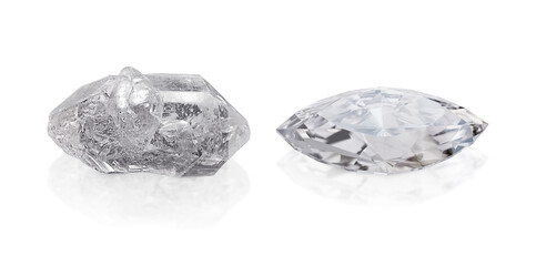 Dazzling diamond before and after uncut on white background