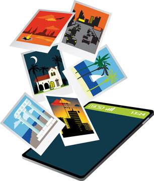 Travel destination photos flying in or out of a generic smartphone, EPS 8 vector illustration 