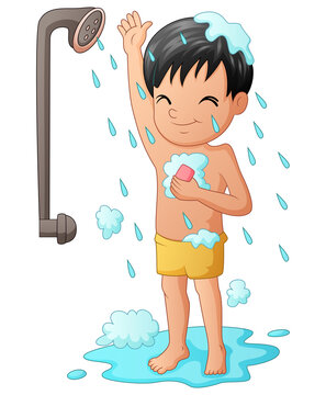 Funny little boy having bath with shower