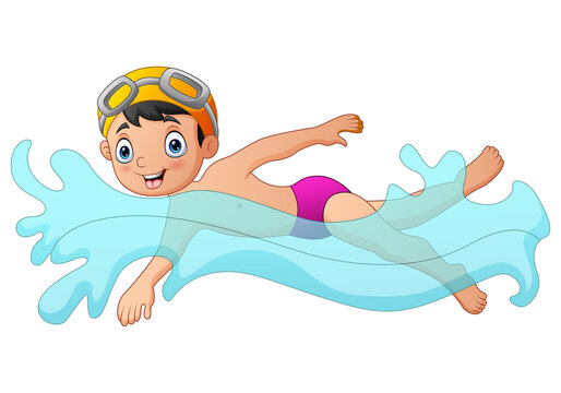 Boy swimming with yellow goggles on a white background