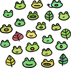 カエルの顔の手描きイラストセット