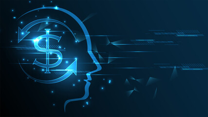 Dollar coin money Currency on human head Abstract technology background . Business finance Money exchange concept.