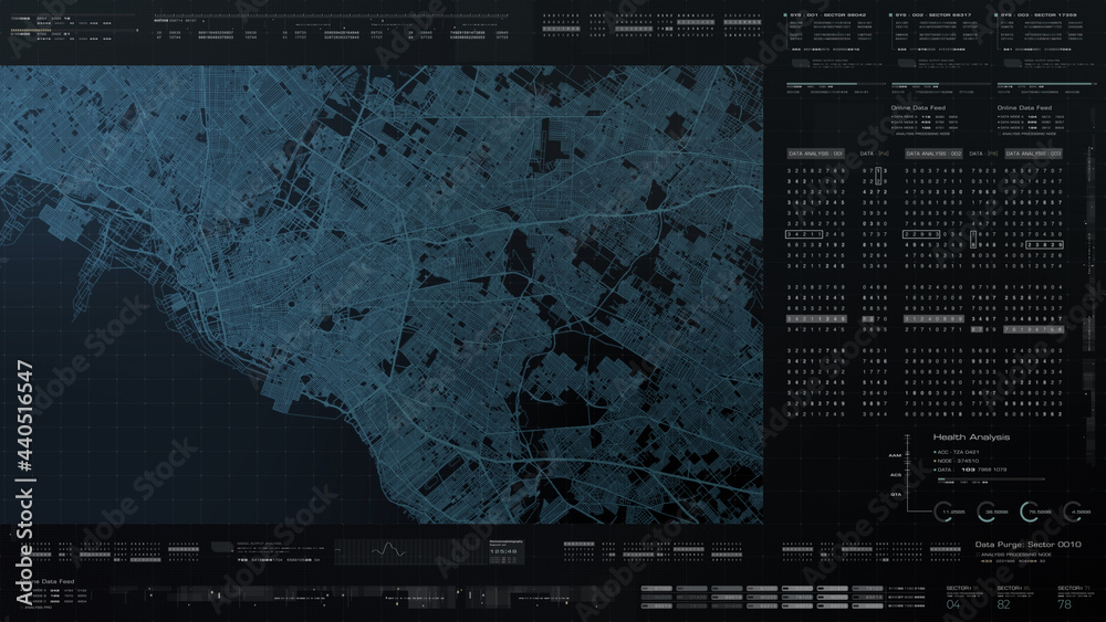 Poster Futuristic digital city map layout with satellite GPS coordinate searching and target tracking, interface head up display screen with data telemetry information for background display