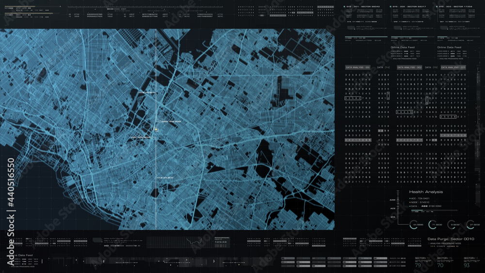 Poster Futuristic digital city map layout with satellite GPS coordinate searching and target tracking, interface head up display screen with data telemetry information for background display