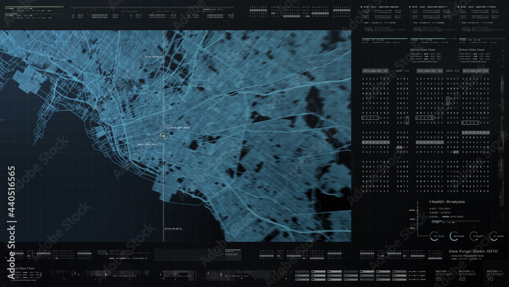 Poster Futuristic digital city map layout with satellite GPS coordinate searching and target tracking, interface head up display screen with data telemetry information for background display