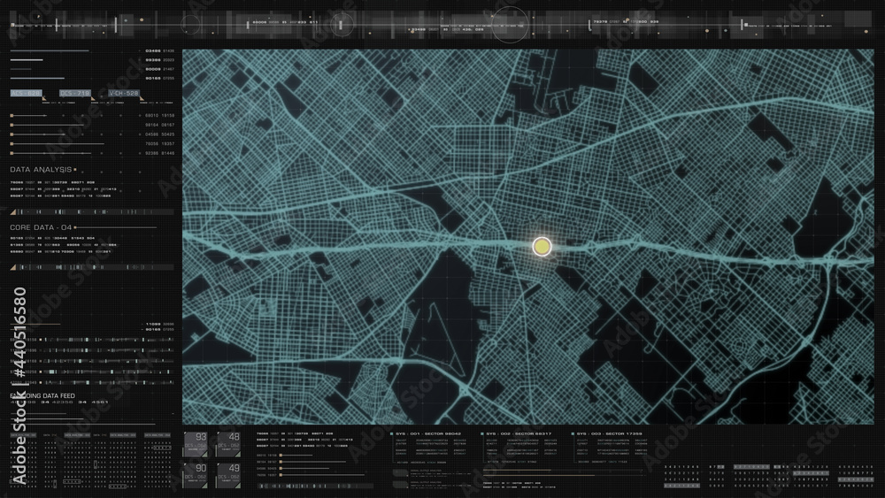Poster Futuristic digital city map layout with satellite GPS coordinate searching and target tracking, interface head up display screen with data telemetry information for background display