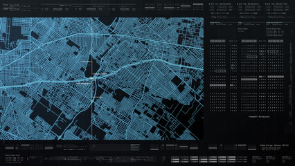 Futuristic digital city map layout with satellite GPS coordinate searching and target tracking, interface head up display screen with data telemetry information for background display