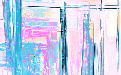 Blue, pink light paint strokes on canvas, artistic background. Modern art made with acrylic paint smears and rough brushstrokes, abstract painting