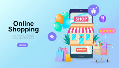 A vibrant website banner for mobile e-commerce and online grocery shopping. This template features a smartphone as a storefront, a cart full of food, and icons for sales and customer ratings.