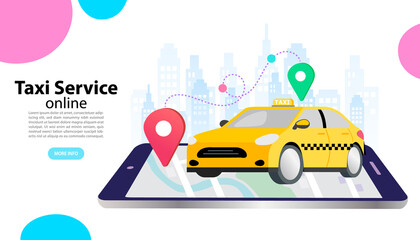 Online taxi booking service and ride-hailing app concept. A yellow cab on a smartphone with a map showing the route from a pickup point to the destination. Vector for urban transportation and travel. © 365 days studio