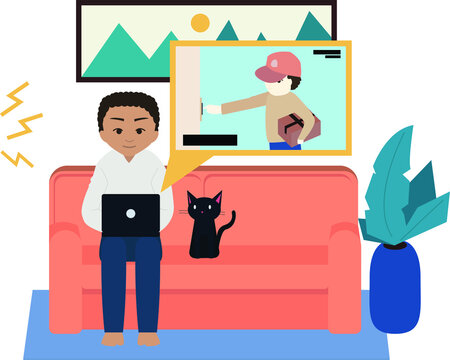 Man checking home security camera on his computer vector design