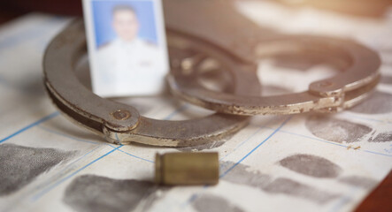 Crime and violence concept.Police Handcuffs on fingerprints crime page file